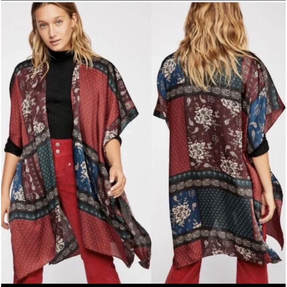 Free People Patchwork Kimono Wrap Wine Bord Floral‎ Paisley OS NWT Boho Chic
